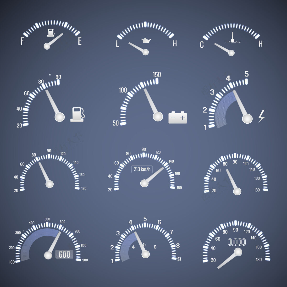 小时白色的速度表界面图标 带有显示燃油油位和速度矢量图的刻度盘数字停车汽油