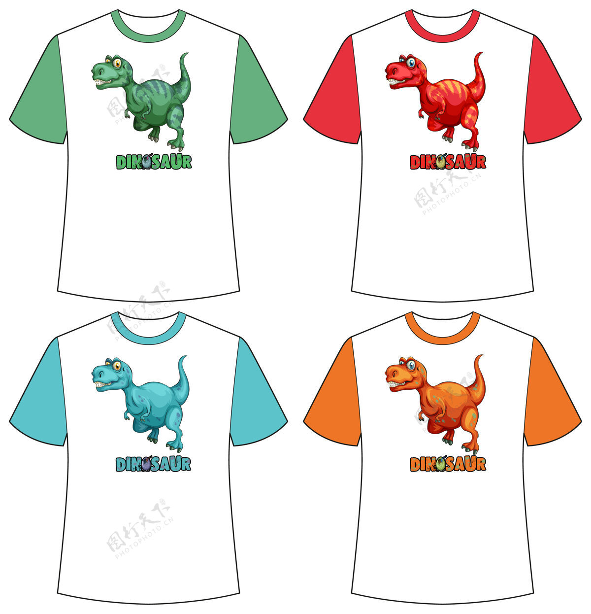 恐龙t恤上有一套不同颜色的恐龙屏风动物套装服装