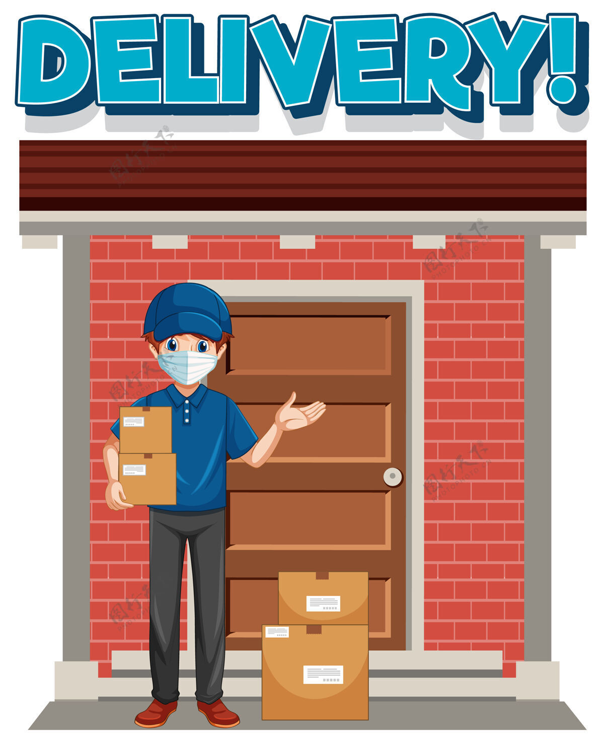 工人送货标志与送货员或快递员在蓝色制服卡通人物工作卡通门