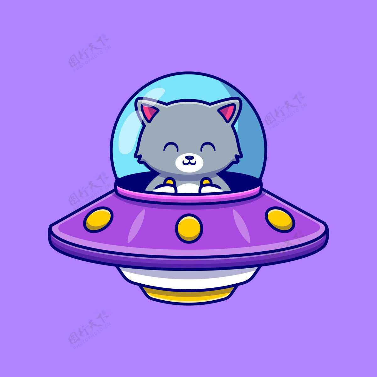 平面可爱的猫驾驶宇宙飞船飞碟卡通图标插图动物科技图标概念隔离平面卡通风格插图动物平面设计