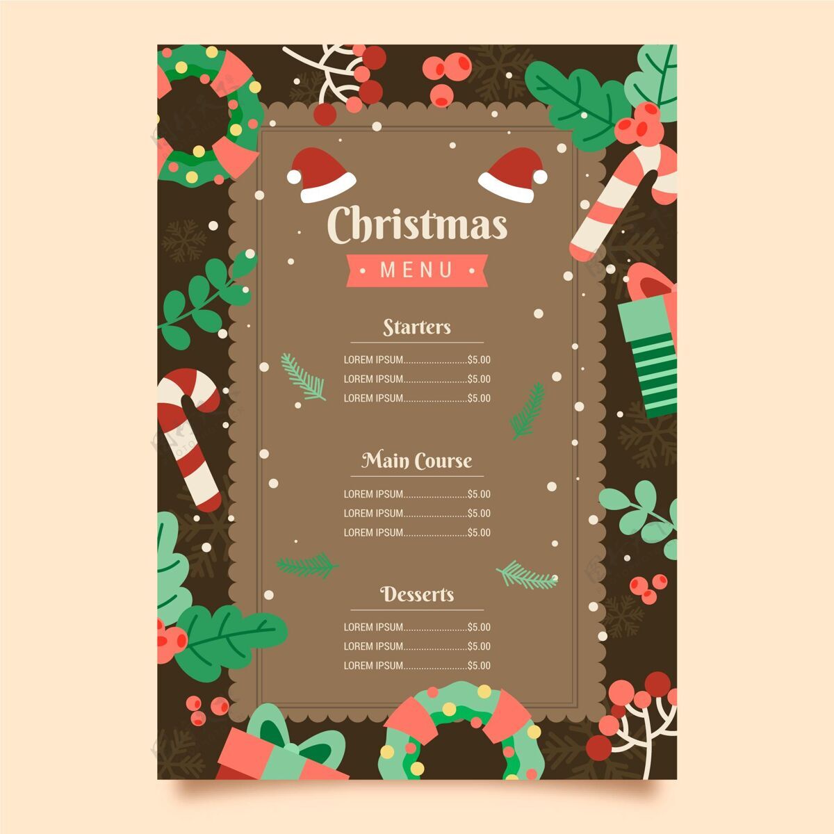 快乐复古圣诞菜单模板圣诞节印刷快乐假日