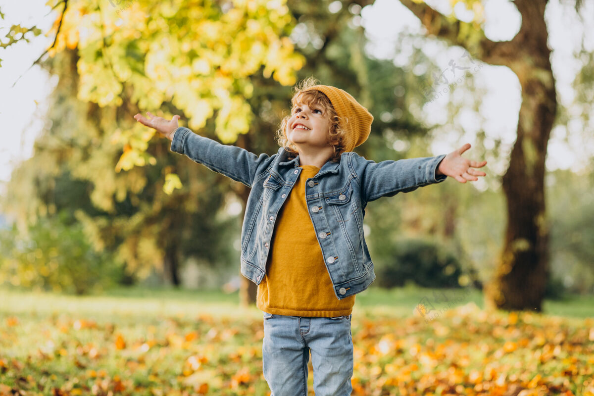 小可爱的男孩在秋天公园玩树叶学龄前儿童享受季节