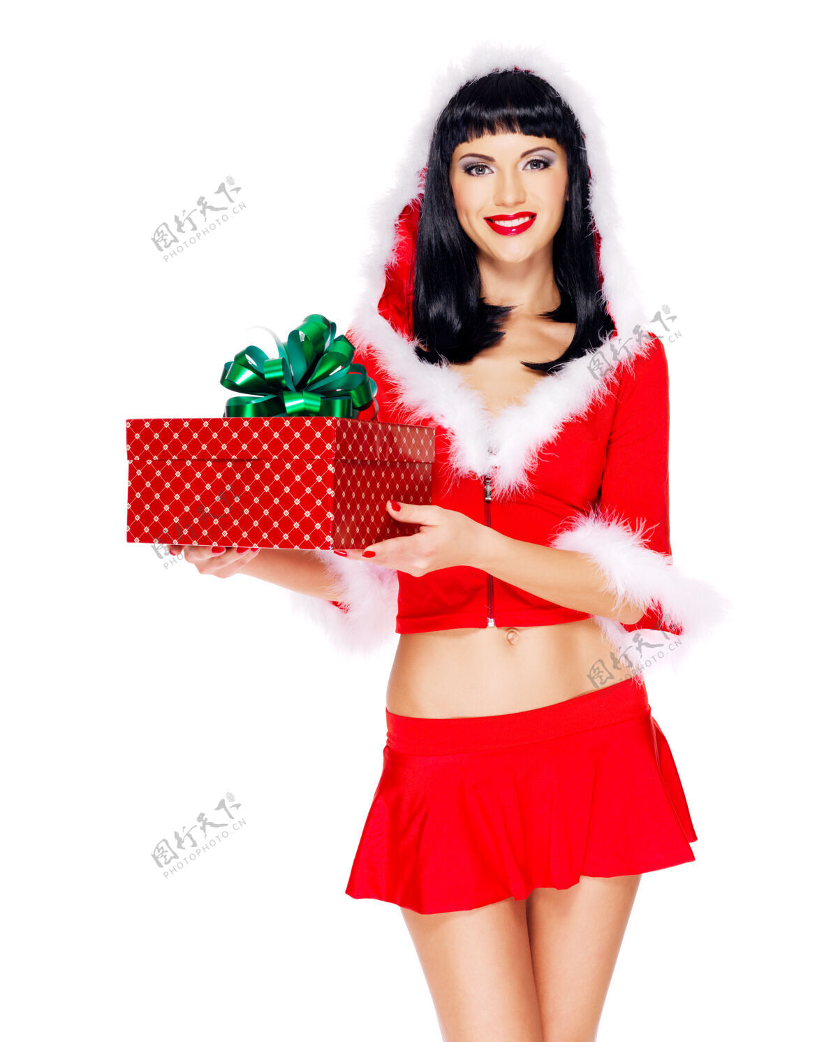 购物美丽雪女的照片拿着圣诞新年礼物盒-孤立在白色美丽礼物女士
