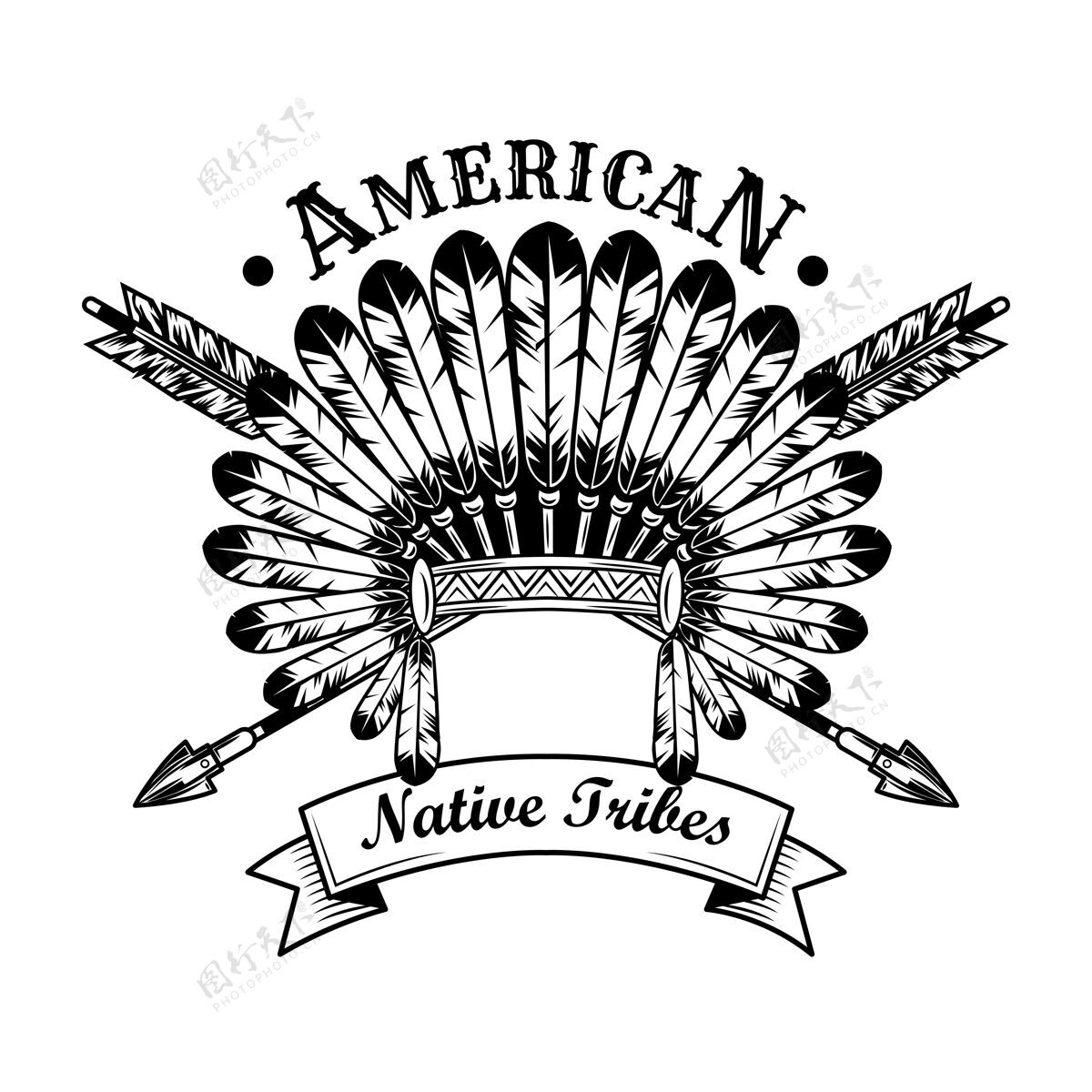 印第安人土著美洲部落配件矢量插图羽毛头饰 交叉箭头 文字土著美洲人和印第安人的标志或标签模板的概念箭头阿兹特克标签