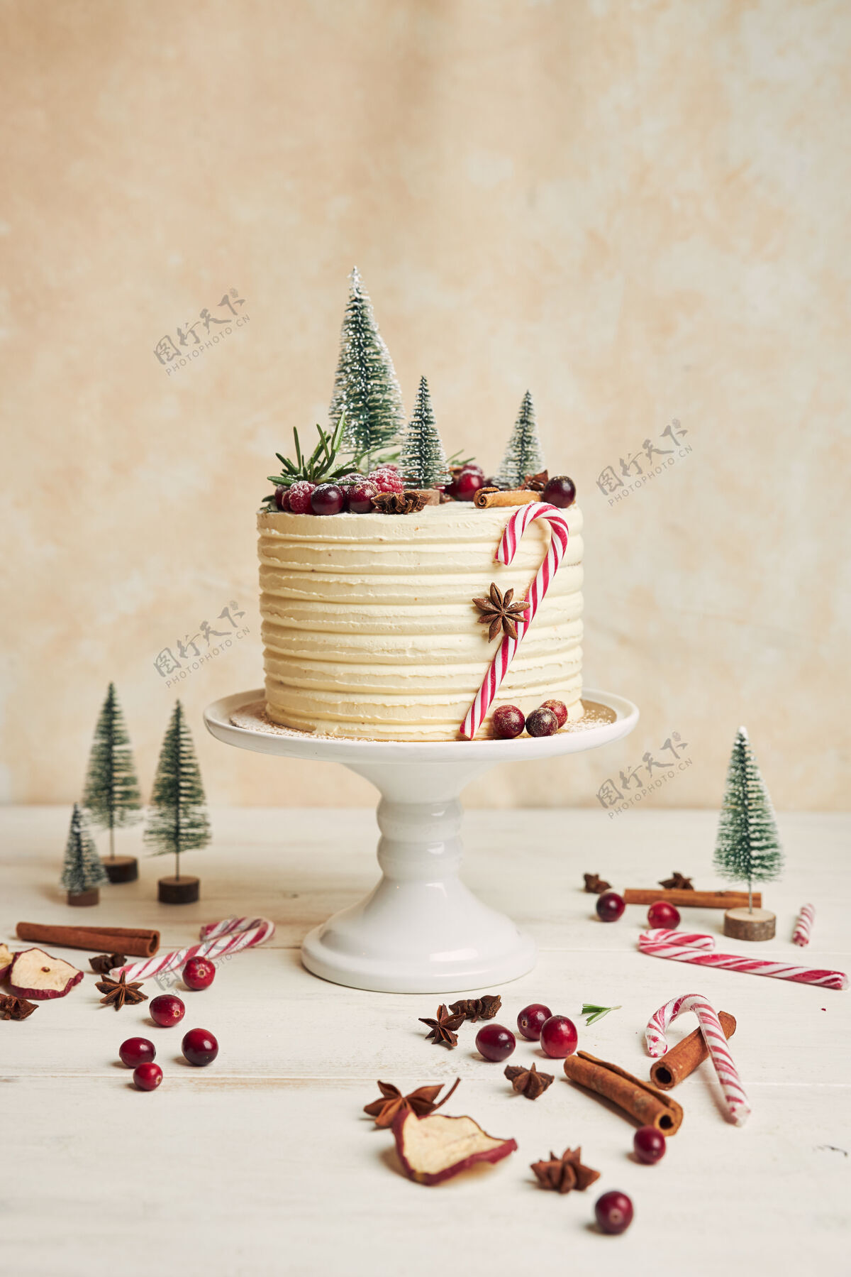 甜点用树 浆果和肉桂棒装饰的圣诞蛋糕浆果圣诞树肉桂