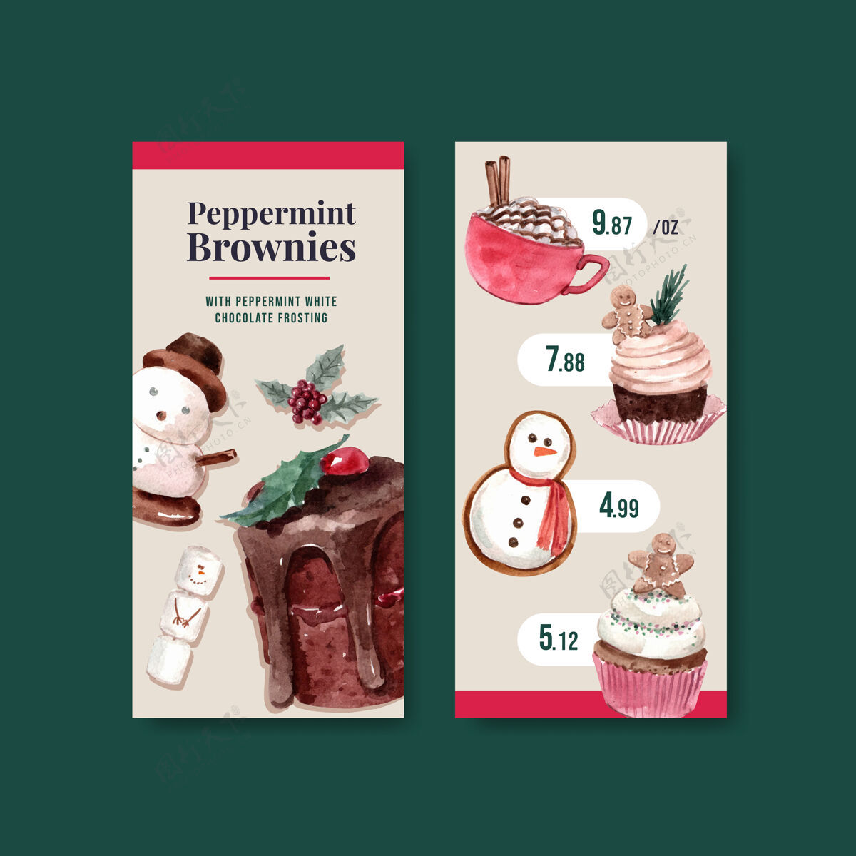 饮料菜单模板设置与冬季糖果在水彩画风格圣诞节季节性文化