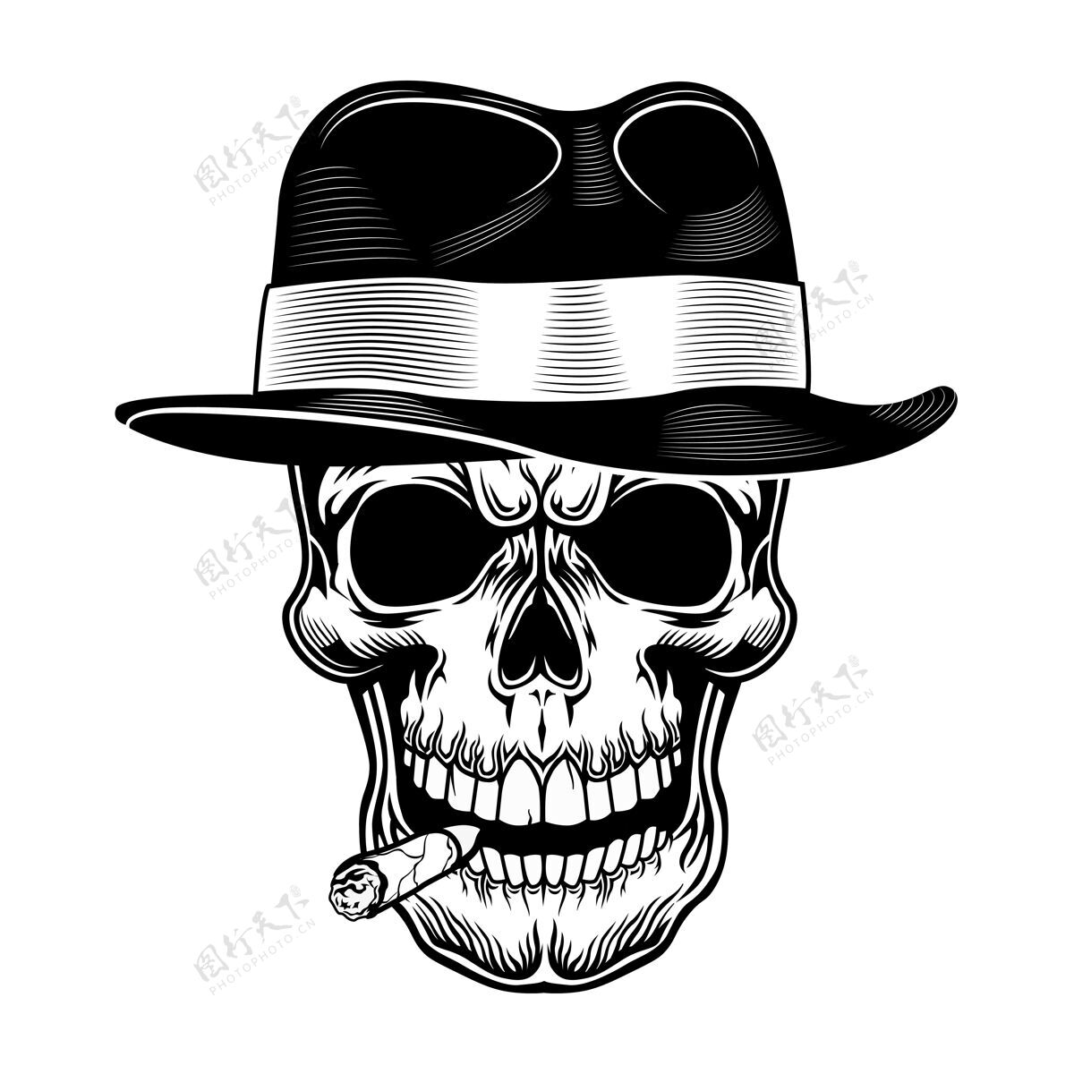 标志黑帮头骨矢量图头骨戴帽子 嘴里叼着雪茄黑帮标志或纹身模板的犯罪和黑手党概念犯罪危险恐怖