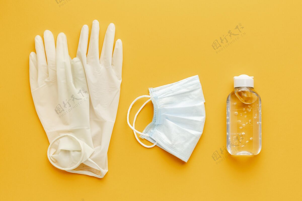 疾病带医用面罩和洗手液的手套俯视图手病毒19平面