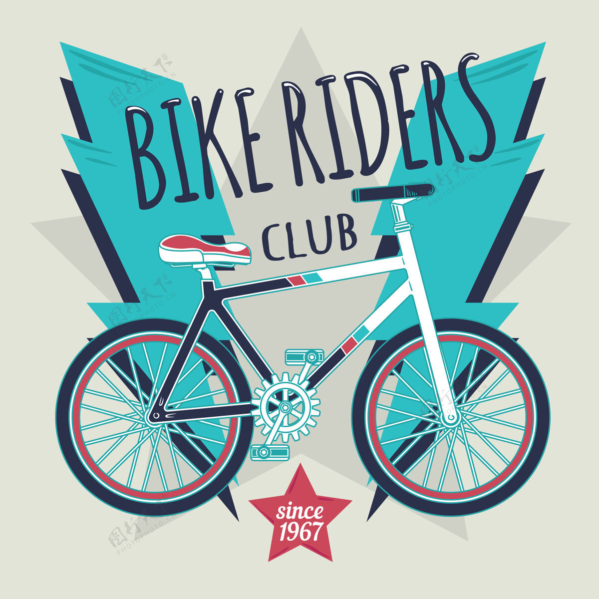 运动闪电和星星在中间的自行车插图齿轮车轮俱乐部