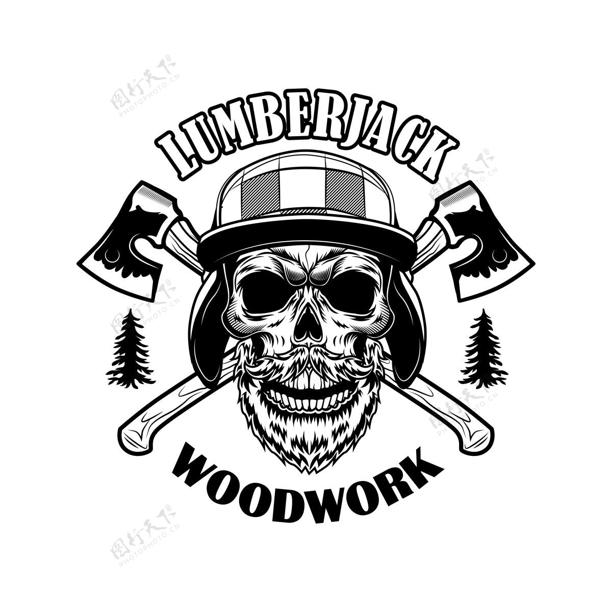 木头有胡须的伐木工人头骨矢量图十字轴和木制品文字的骷髅头标志或纹身模板的伐木工人或樵夫概念工作时髦工作